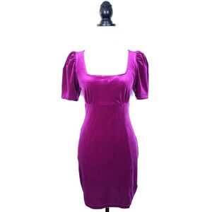 NEW NWT LUSH Magenta Square Neck Velvet Puff Sleeve Mini Dress Size Small